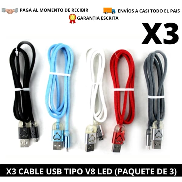 Tecno-Moda HN X3 ﻿CABLE USB TIPO V8 LED (PAQUETE DE 3) comprar online tienda tecno-moda tecnomoda honduras hn virtual