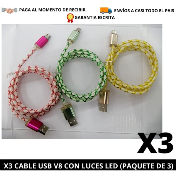 Tecno-Moda HN X3 C﻿ABLE USB V8 CON LUCES LED (PAQUETE DE 3) comprar online tienda tecno-moda tecnomoda honduras hn virtual